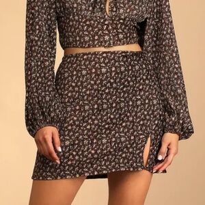 LULUS Certain Love Brown Ribbed Floral Print Front Slit Mini Skirt